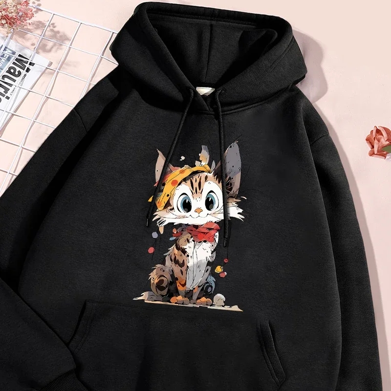 Cartoon Cute Cat Print Hooded Mensimple High Quality Hoodies Autumn Fleece Casual Hoodie Hip Hop Loose Pullover Top Woman