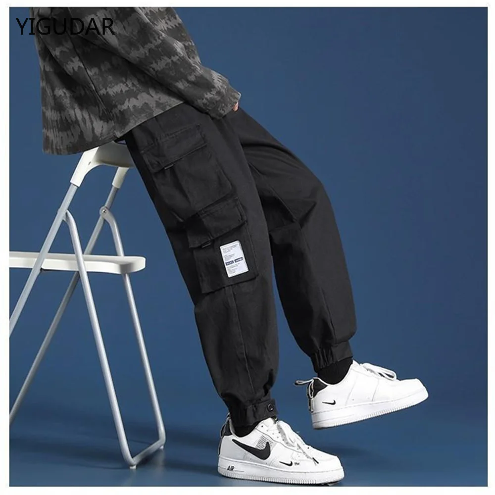 

2022 Spring Summer New Cotton Fashion Men's Elastic Waist Baggy Cargo Casual Pants korean Style Bound Feet Harem Pants