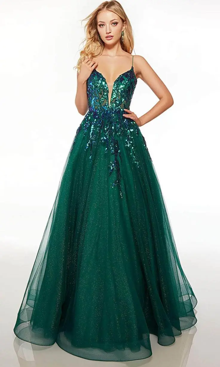 Green Prom Dresses Glittery Tulle Sequined V Neckline Spaghetti Strap A Line Sleeveless Formal Party Women Evening Gowns