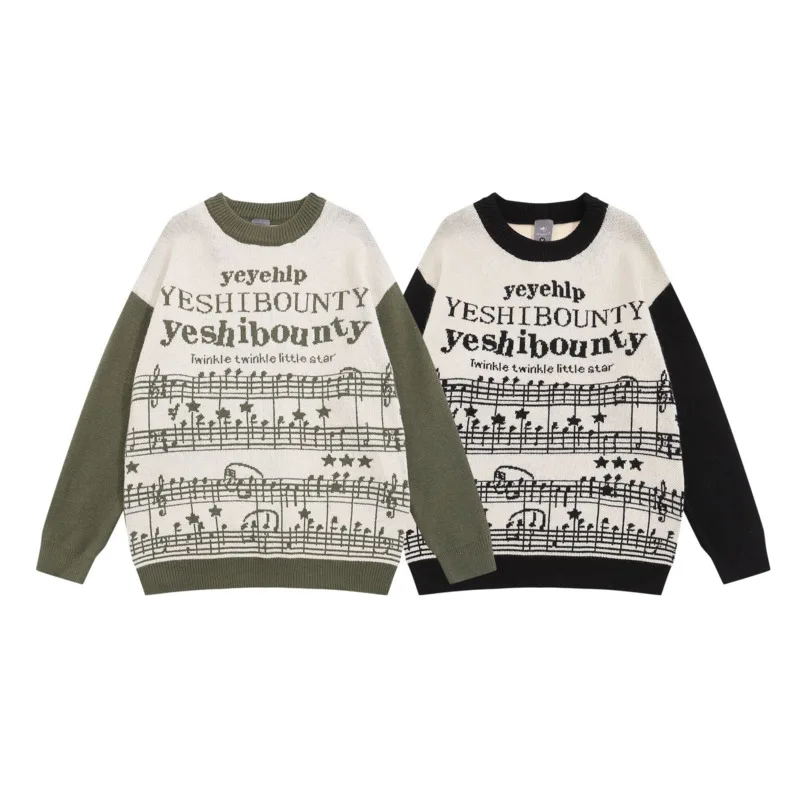 Suéter de Jacquard con notas musicales para hombre, jersey de manga larga holgado, con paneles de contraste, cuello redondo, Retro, informal, Otoño e Invierno