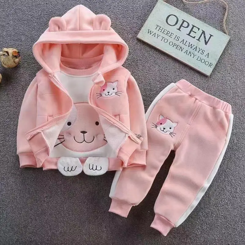 Baby Boys Girls Set Tricken Fleece Cartoon Children Hooded Outerwear Tops Pants 3PCS Outfits KidsToddler Warm Costume Suit 0-4Y