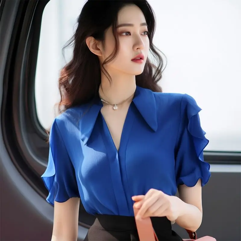 Summer Office Lady Short Sleeve Tops Ladies Solid Color Women's Clothing Temperament Pullovers Elegant Business Casual T-Shirts