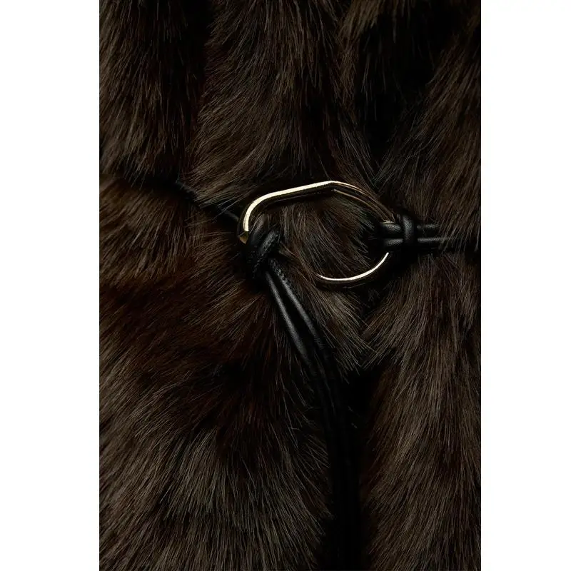 معطف نسائي جديد للخريف والشتاء بأكمام طويلة وياقة مع حزام من الفرو الصناعي المقلد للمينك سترة خارجية 638023