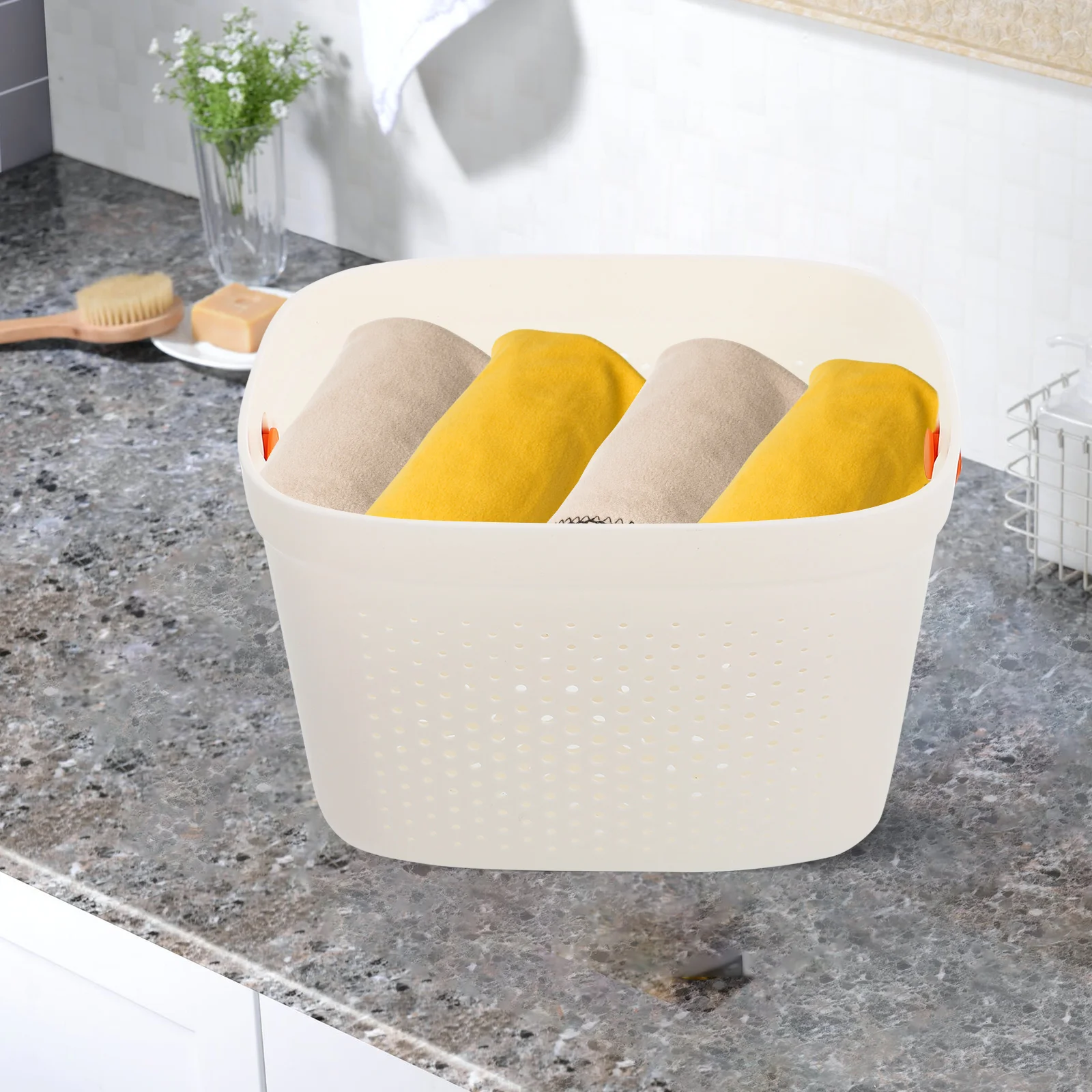 

Bath Toiletries Storage Basket Handle Portable Organizer Woven Plastic Rack Orange for Bathroom Dorm Living Room