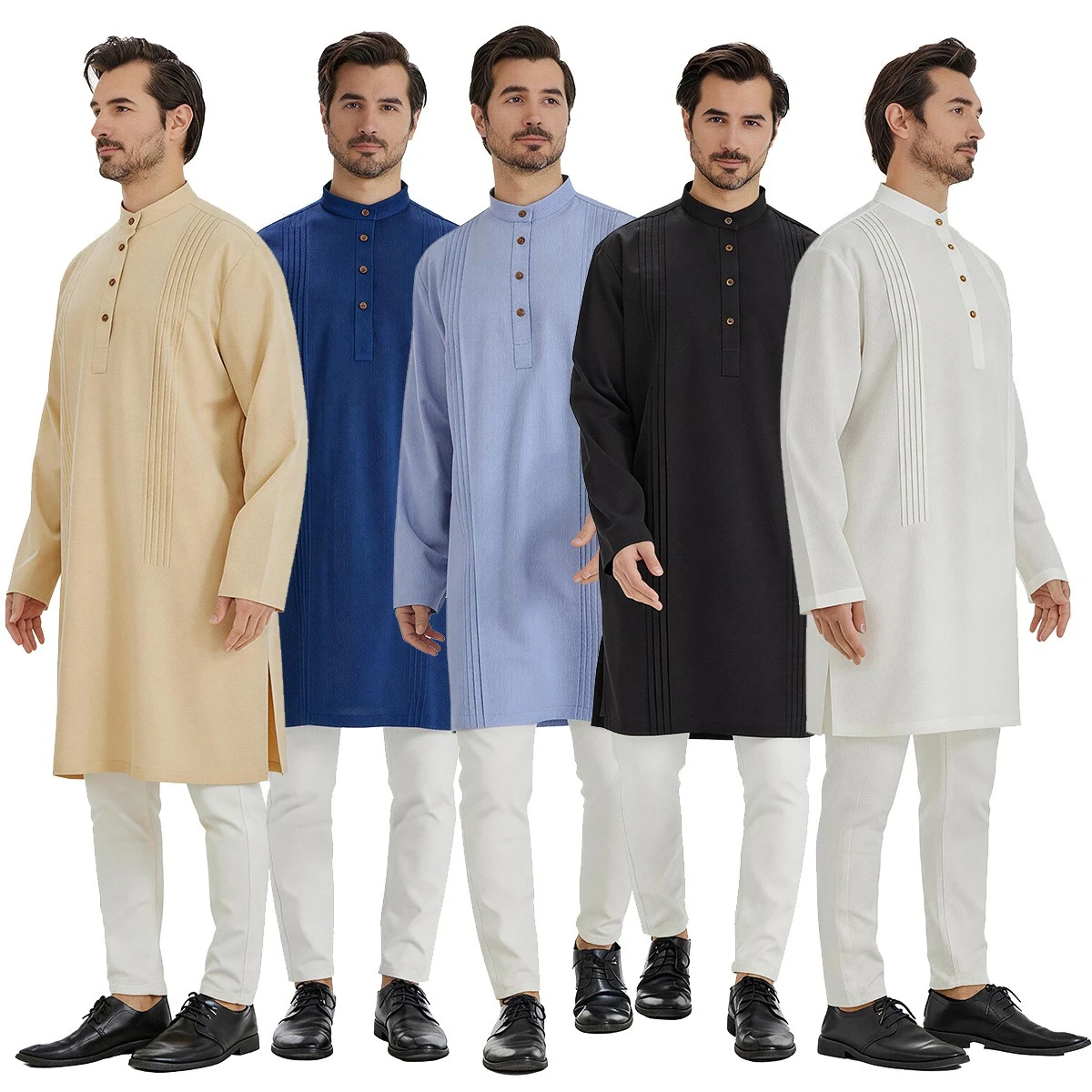 New Arrival Muslim Men Thobe Stand Collar Front Button Shirts Abaya Pleated Designer Robe Arab Islamic Jubba Thobe Kurta 52-62