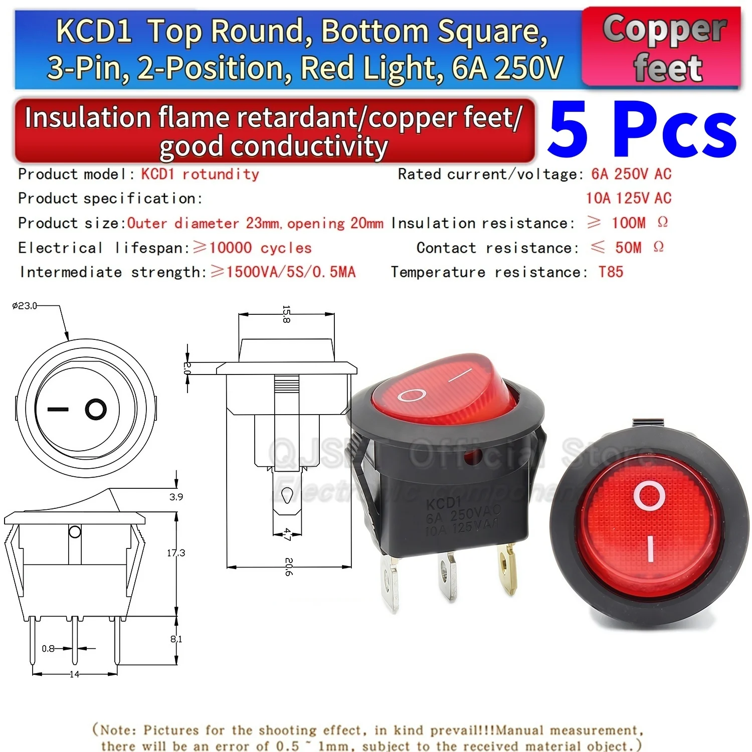 5 Stück KCD1 EIN-AUS-EIN 2/3/4-Pin 2/3-Positionen Einrastbarer 6A 220V Grüner Roter LED Runder Wippschalter für Haushalt DIY Ersatz – Detail 22