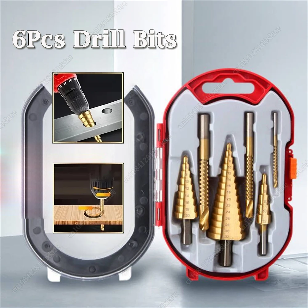 

6Pcs Step Drill Bit Set 4-12/20/32mm Metal Twist Drilling Titanium Coated Pagoda Drill For Woodworking Metal Core Hole Opener