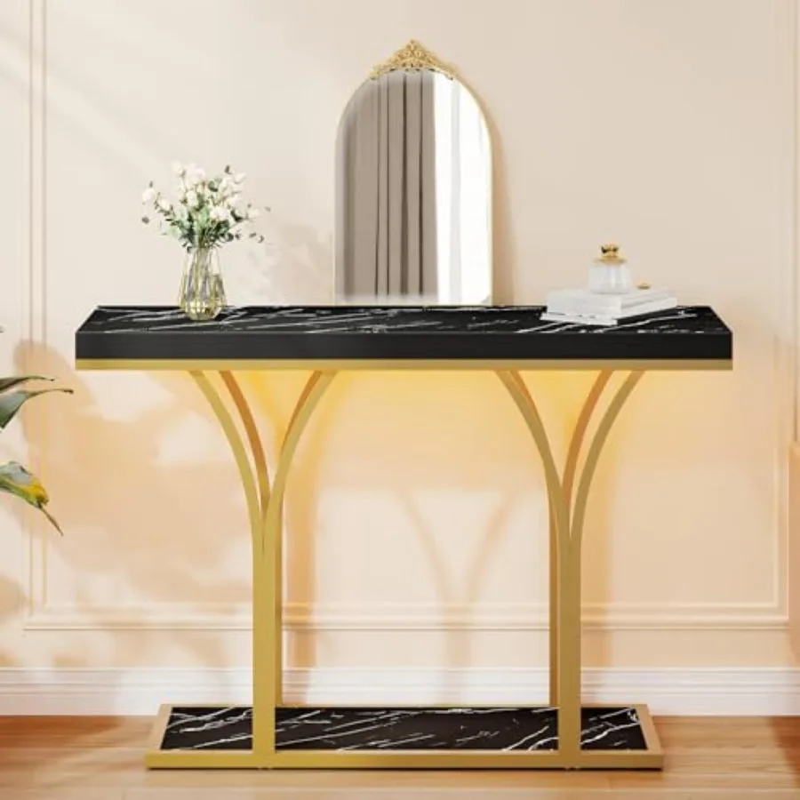 

Gold LED Lit Modern 39-Inch Wide Console Table - Narrow Marble Top Foyer Furniture for Entryway Hallway and Living Room Accent