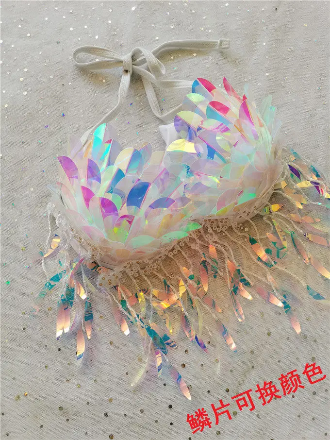 sequin bikini top bra, aquarium bar performance costume, fish tail skin