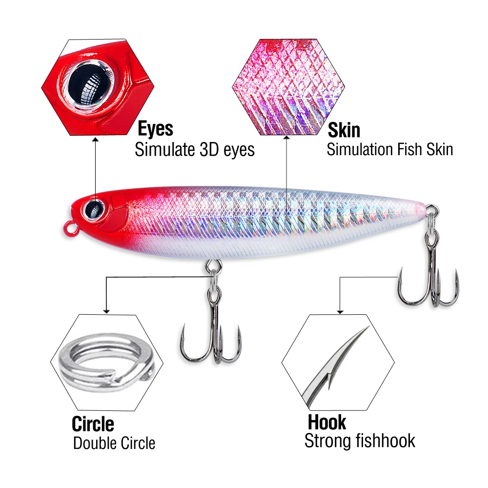 5Pcs Top Wasser Bleistift Angeln Locken 5/6,6/9,1 cm Schwimmende Swimbait Wobbler Künstliche Harten Köder Mit 2 Drillinge Für Bass – Detail 5