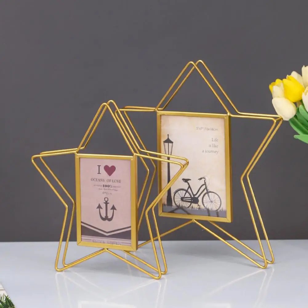 Pretty Five-pointed Star/Heart Shaped Crafts Tabletop Ornament Metal Photo Frame Golden-color Picture Frame for Living Room