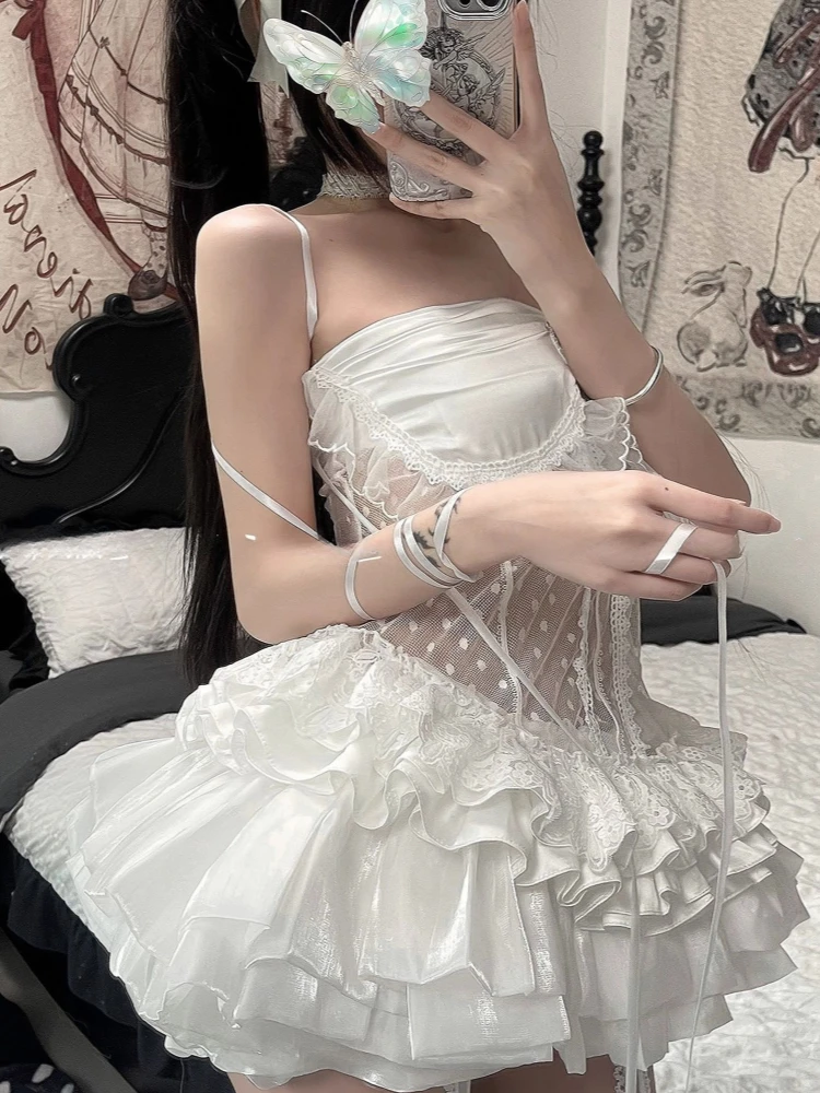 White Pure Desire Cake Skirt Women 2025 Summer New Sweet Hot Girl High Waist Slim Fit Puff Mini Skirt Kawaii Cute Fashion Chic