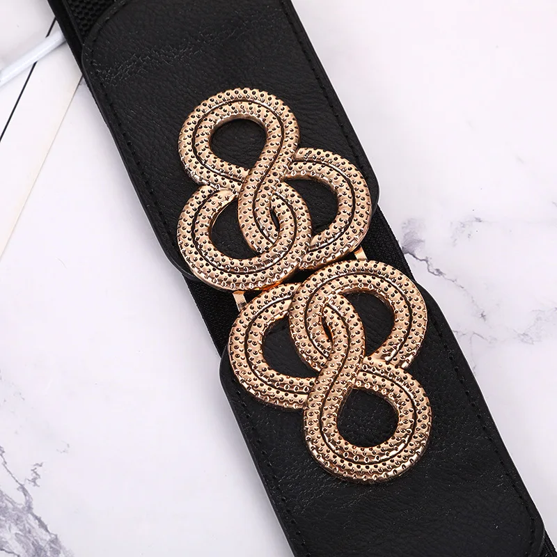 Womens Wide Elastic Belt Stretch Leather Belt Gold Buckle Belts for Dress S-XXL