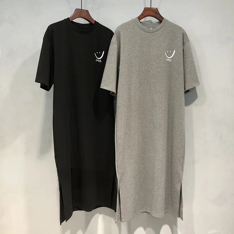 Été 2024 coréen Sle coupe ample ort Sve Midi Dr T-shirt décontracté polyvalent sourire imprimé ouvert fendu a-ligne Dr