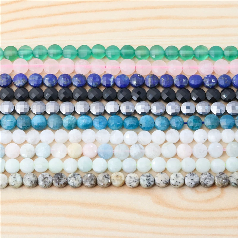 Natural Stone Turquoise Malachite Tourmaline Amazonite Faceted Flat Round Beads Size 2 4 6MM For Jewelry Making DIY Bracelet