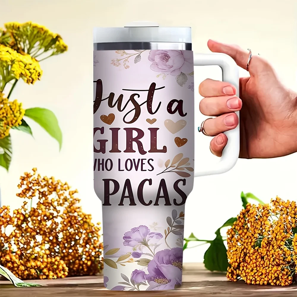 40oz Tumbler with Handle, Cute Alpaca Floral Printed Tumbler, Just A Girl Who Loves Alpacas Cup for Alpaca Lovers, Suitable for Hot And Cold Drinks Daily Outdoor Travel Use