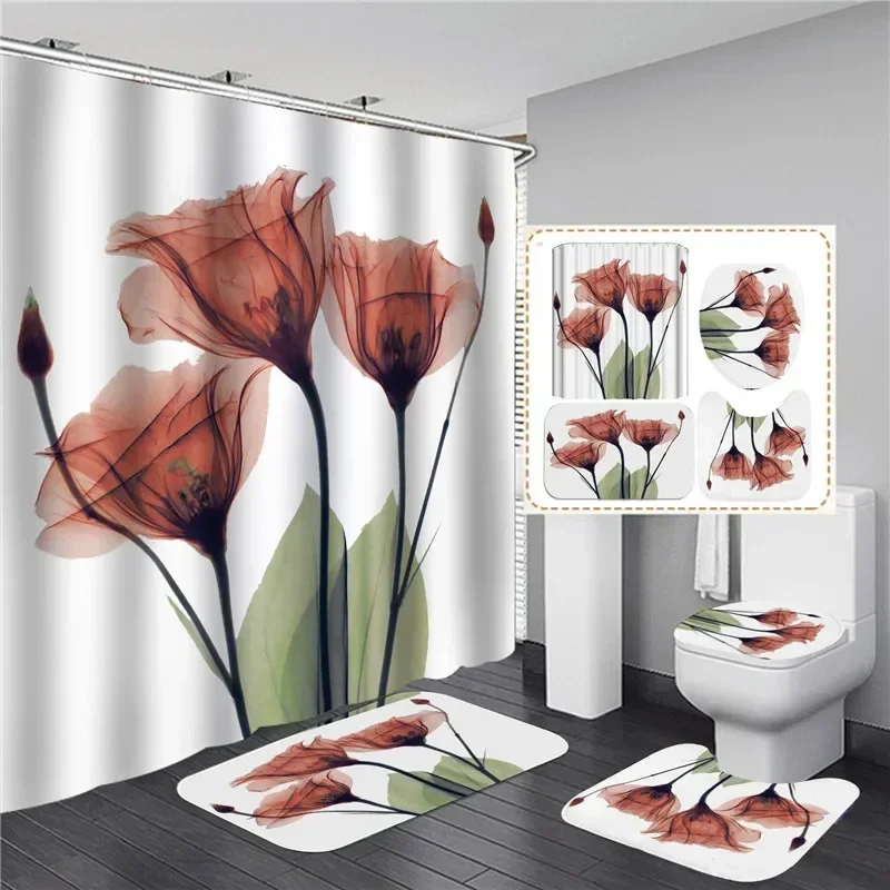 Tulips Lavender Hope Printed Waterproof Bath Shower Curtain Set Non-Slip Carpet Mat Floor Toilet Cover Home Bathroom Mats Rugs