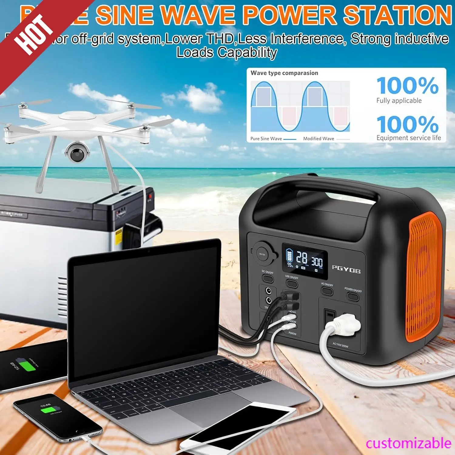 

Portable Power Station,299Wh LiFePO4 Backup Battery 300W Pure Sine Wave AC (600W Peak) Car Outlets PD 60W QC3.0 Solar Generator