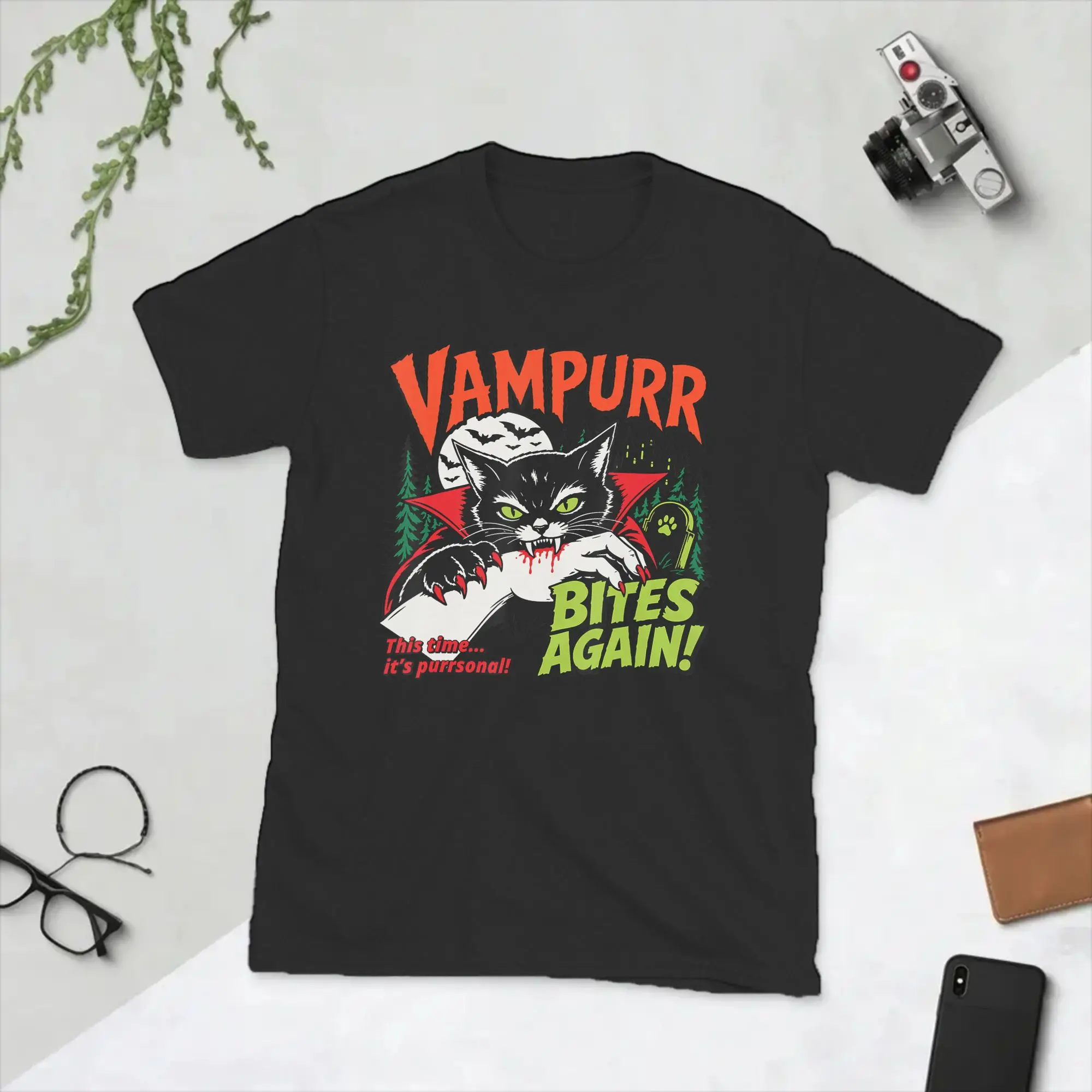 Men's Vampurr Bites Again Halloween Vampire Cat T Shirts Pure Cotton Clothing Short Sleeve Crewneck Tee Shirt T-Shirts