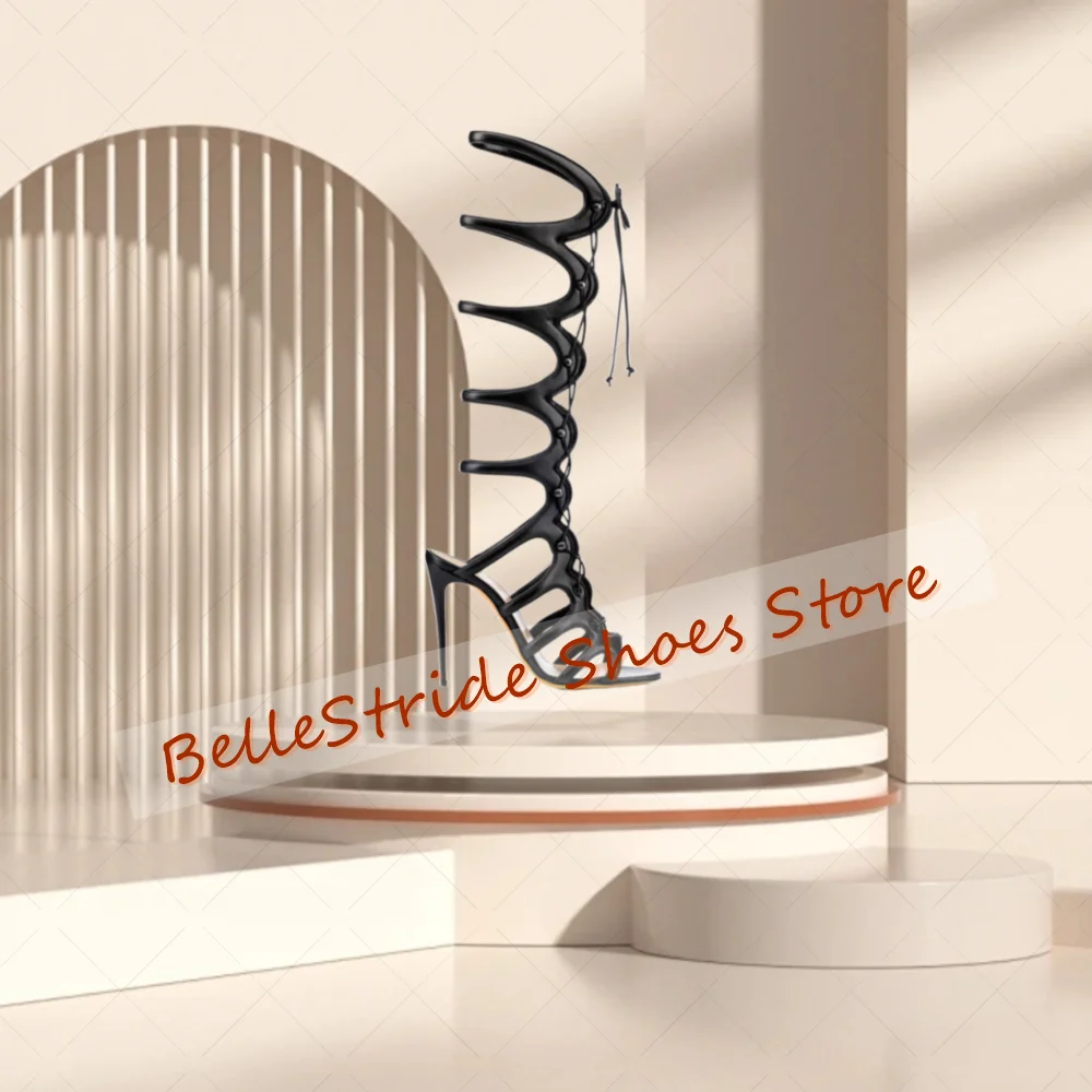 블랙 홀로우 아웃 오픈 토 샌들 부츠 레이스업 여성 신발 스틸레토 하이힐 파티 연회 데이트 2025 여성용 신발