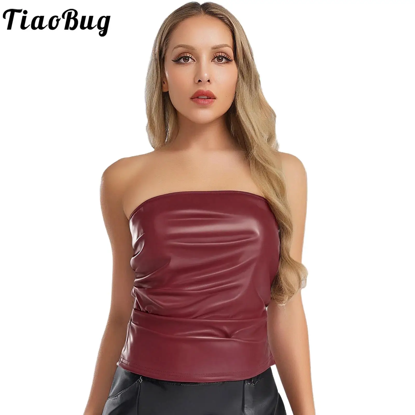 

Women Wet Look Faux Leather Tube Tops Nightclub Wear Summer Strapless Ruched Corset Crop Tops Bandeau for Street Club Rave Party