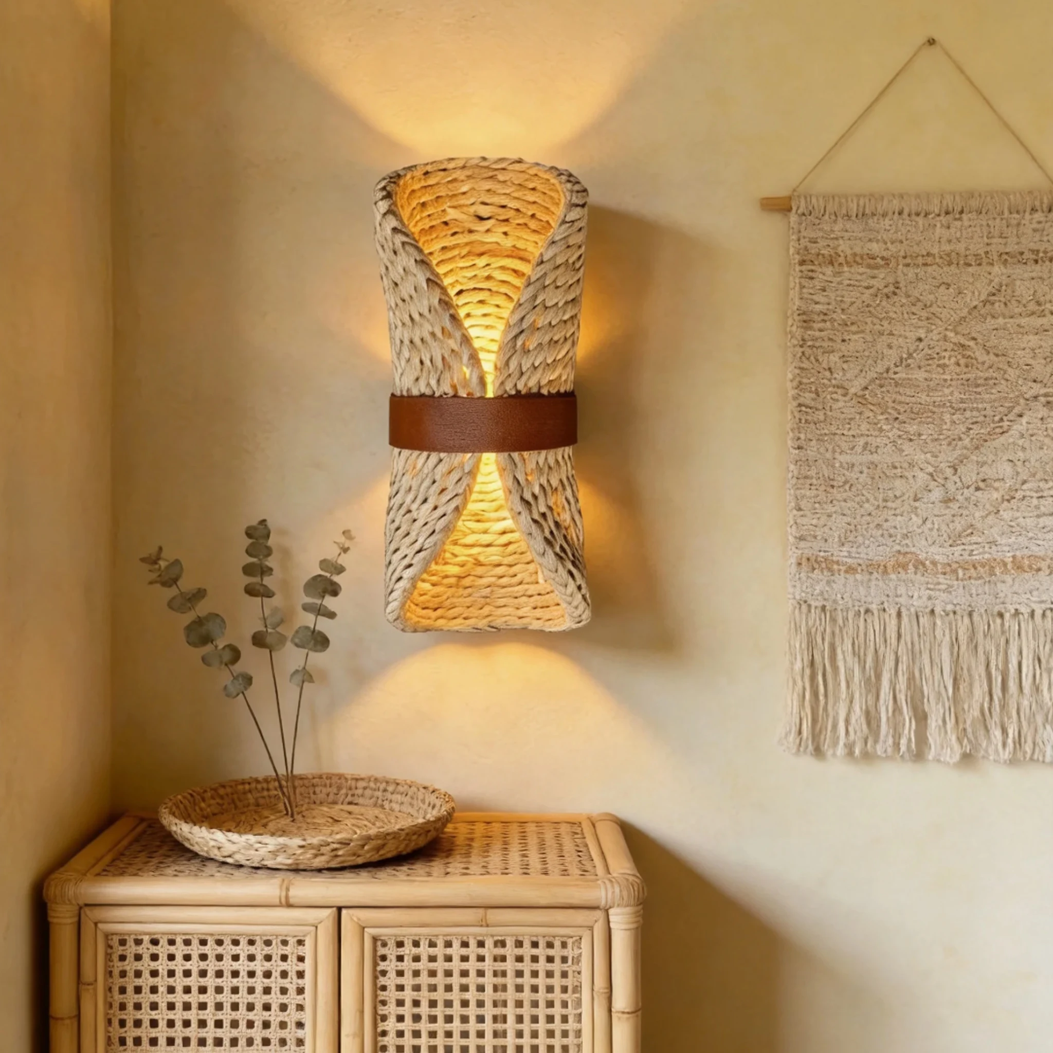 Wabi Sabi Rattan Wall Lamp Hand Woven Retro Wall Sconce Rural Farmhouse Aisle Homestay Tea Room Home Decoration Lighting