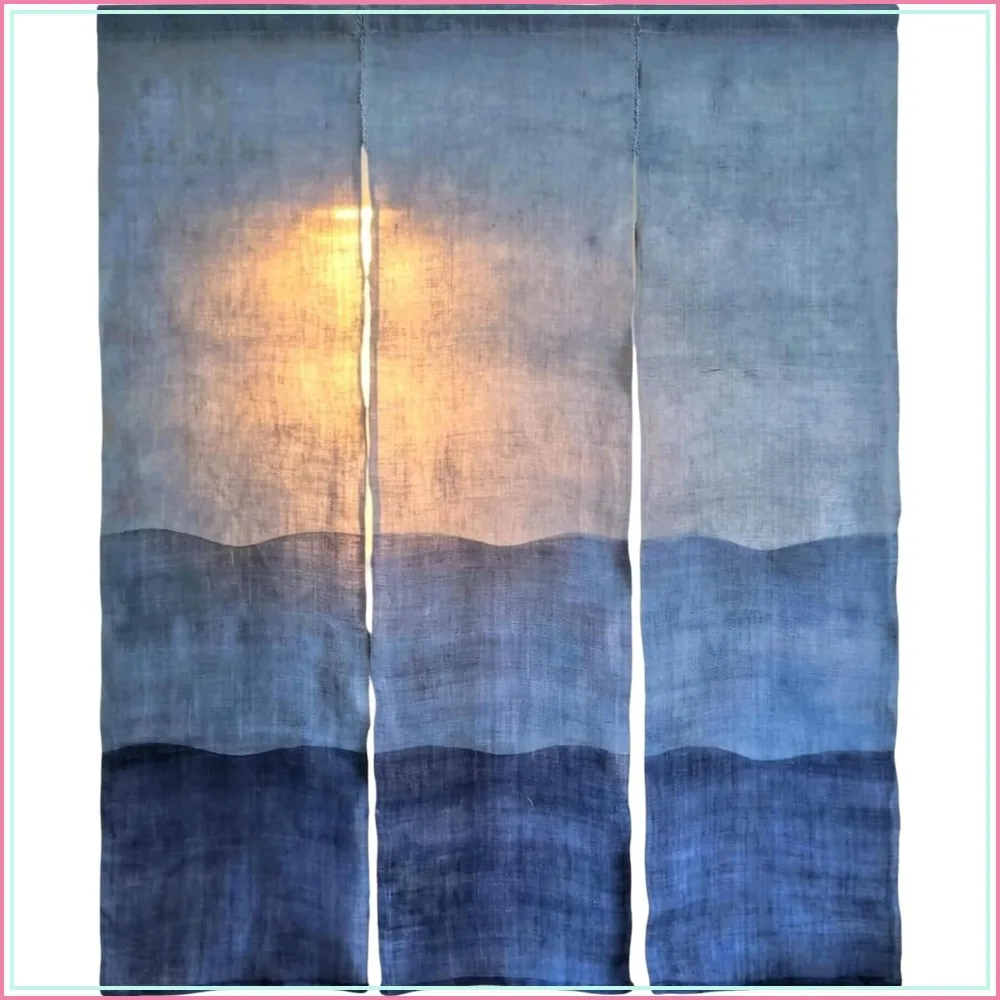 Wide Noren Curtain Handwoven Linen Hemp Japanese Doorway 3-Panel 52x59in Blue Waves