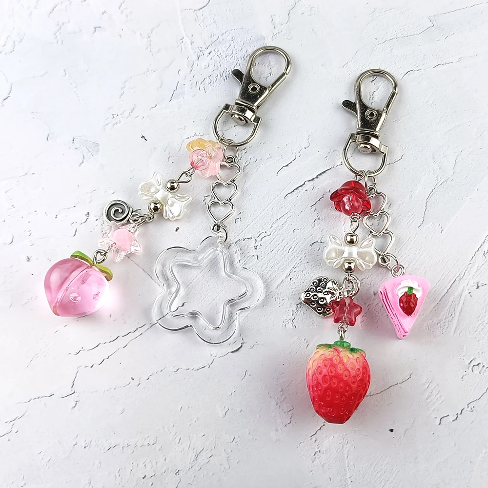 Y2K Fashion Flower Star Love Bow Peach Strawberry Pendant Keychain Student Women's Bag Backpack Pants Chain Jewelry Gift