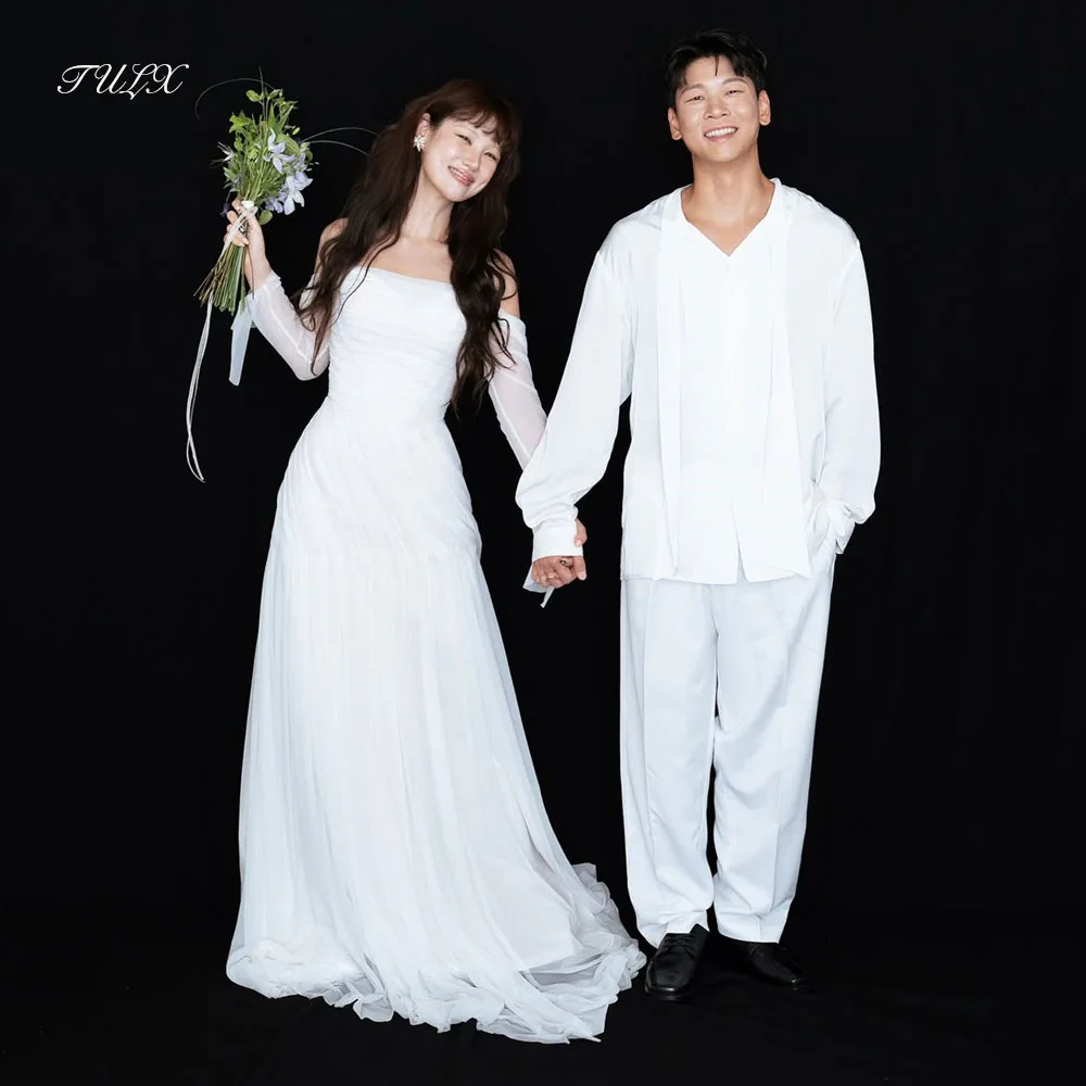 

TULX Elegant Ivory Chiffon Long Wedding Dress Korea Photo Shoot Off Shoulder Long Sleeve Bridal Gowns Customized 웨딩드레스 2025