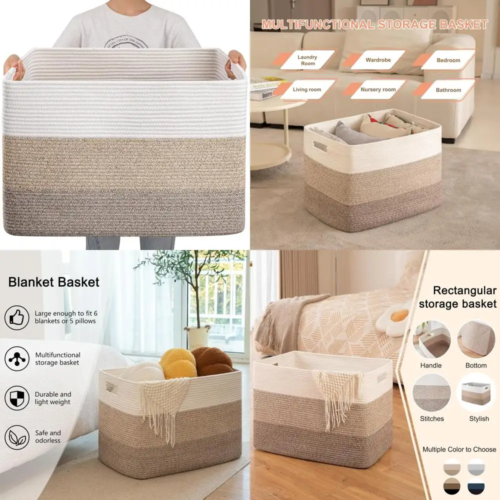 Large 108-Liter Rectangular Storage Basket, 25x16x16 Inches, Woven Cotton Rope Basket for Home Living Room