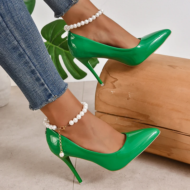 Big White Pearl Bead Chain 10cm Thin Stiletto Heels Women Pumps Brown Green Wedding Sexy Pointed Toe Buckle Strap Shoes Plus 45