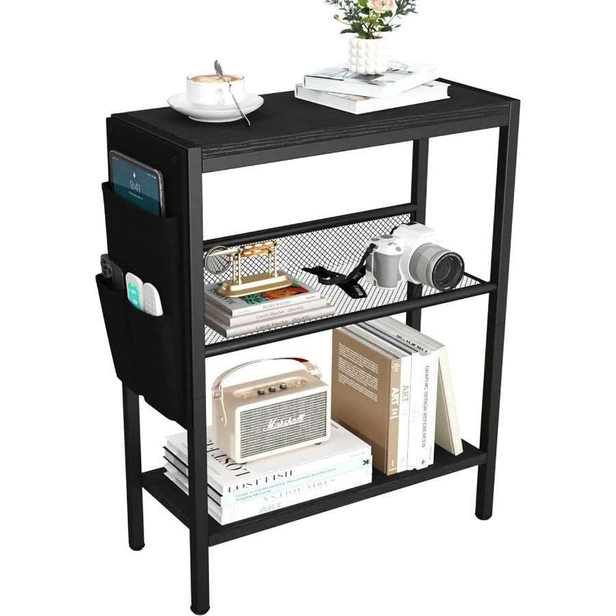 

Small Narrow Side Table for Small Spaces Slim End Table with Storage Bag Sofa Snack Table with Adjustable Metal Mesh 3 Tier Acc