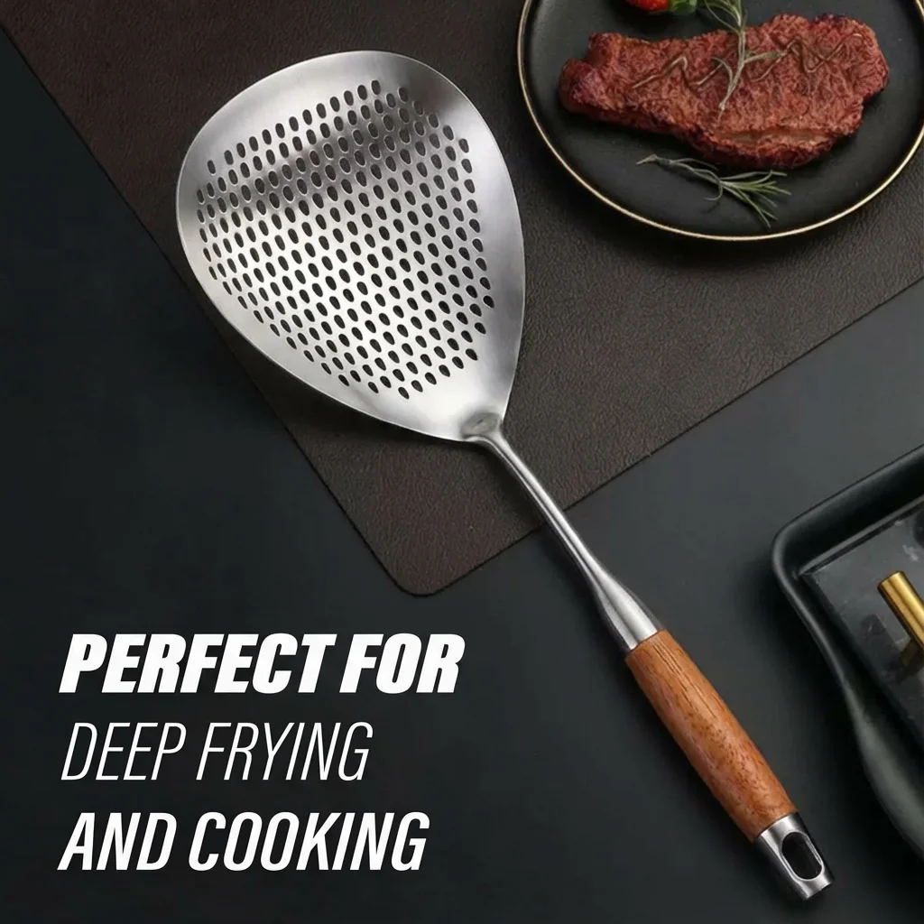 

Large Stainless Steel Slotted Spoon Skimmer Strainer with Long Handle Anti-Scald Design for Noodles, Oil, Water Drainage Tool