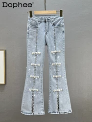Pantalones acampanados de mezclilla con punta dividida para mujer, pantalones vaqueros ajustados de cintura alta con cuentas de diamantes, ropa Vintage para mujer, primavera y verano