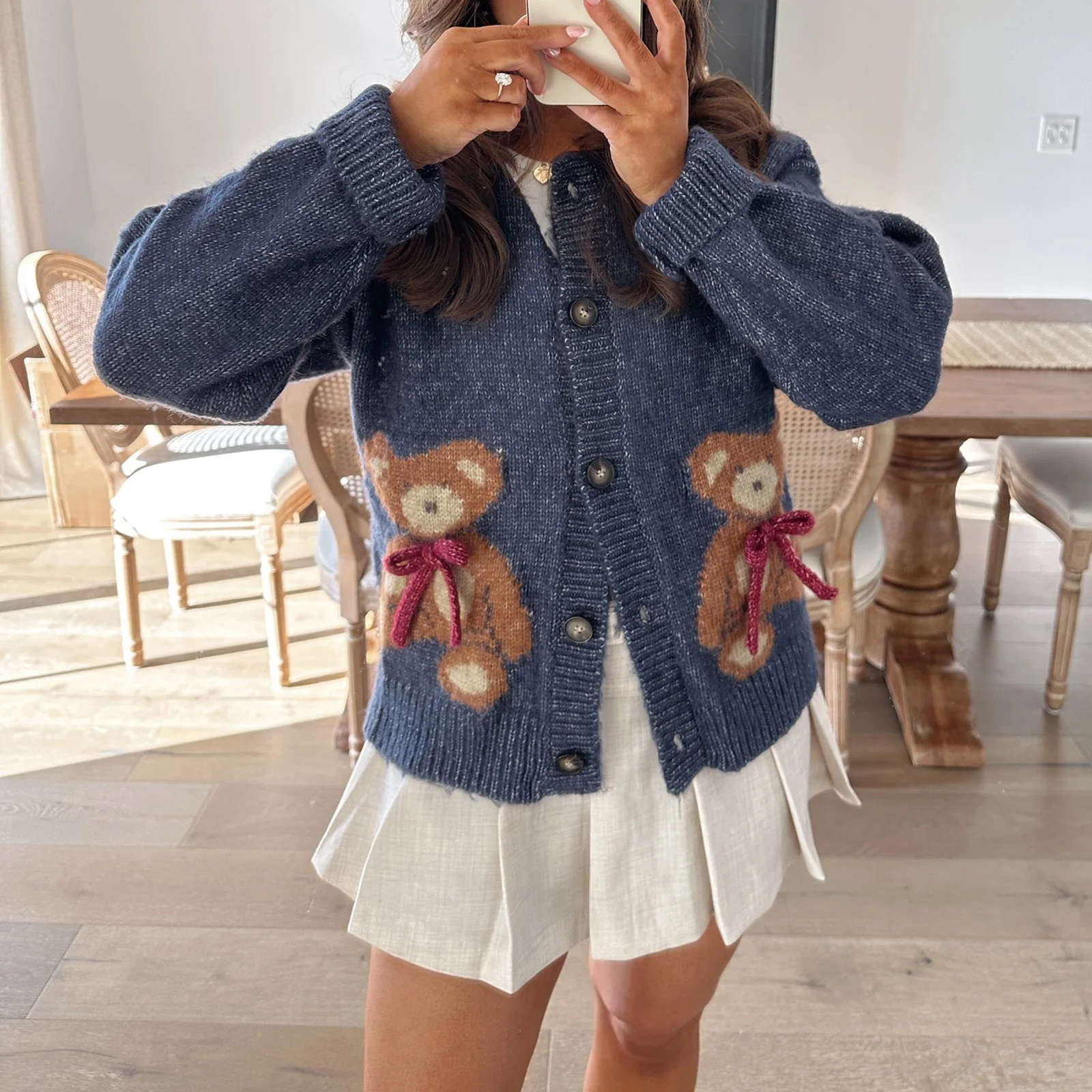 Y2K Women Cute Bear Print Knitted Sweater Autumn Long Sleeve Round Neck Button Up Knitwear Jacket Lady Fashion Vintage Cardigan