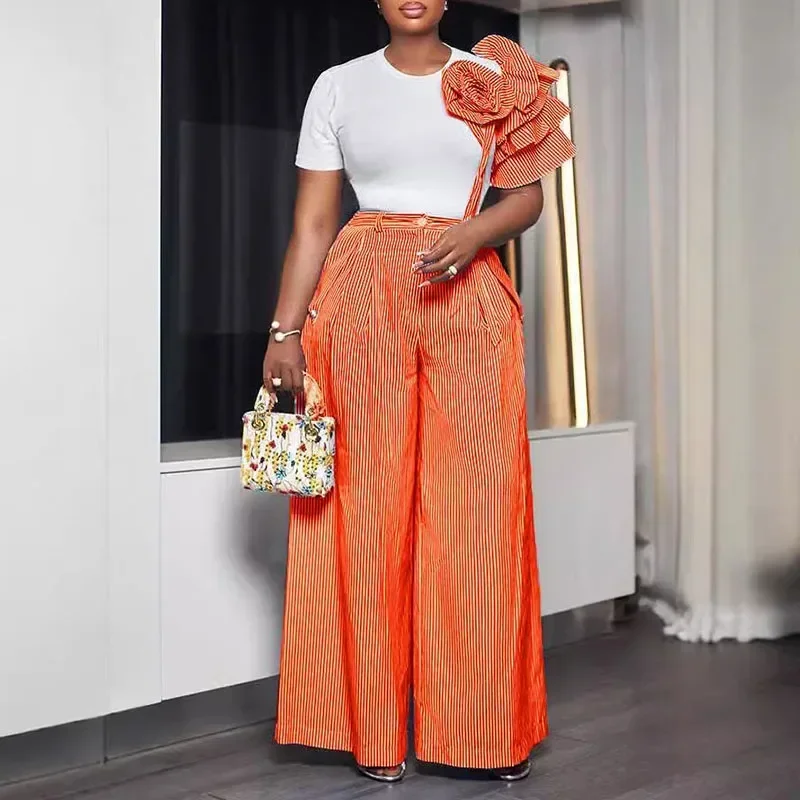 

Striped Print Appliques Birthday Outfits for Women Two Piece Set Club Party T-shirt Top and Loose Wide Leg Pants Matching Sets