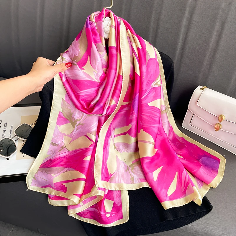 2024 Seiden schals Frauen Luxusmarke Hijab Schal Blumen Foulard Femme Schals Wraps Seide Bandana Kopftuch Hijab Strand Poncho – Detail 13