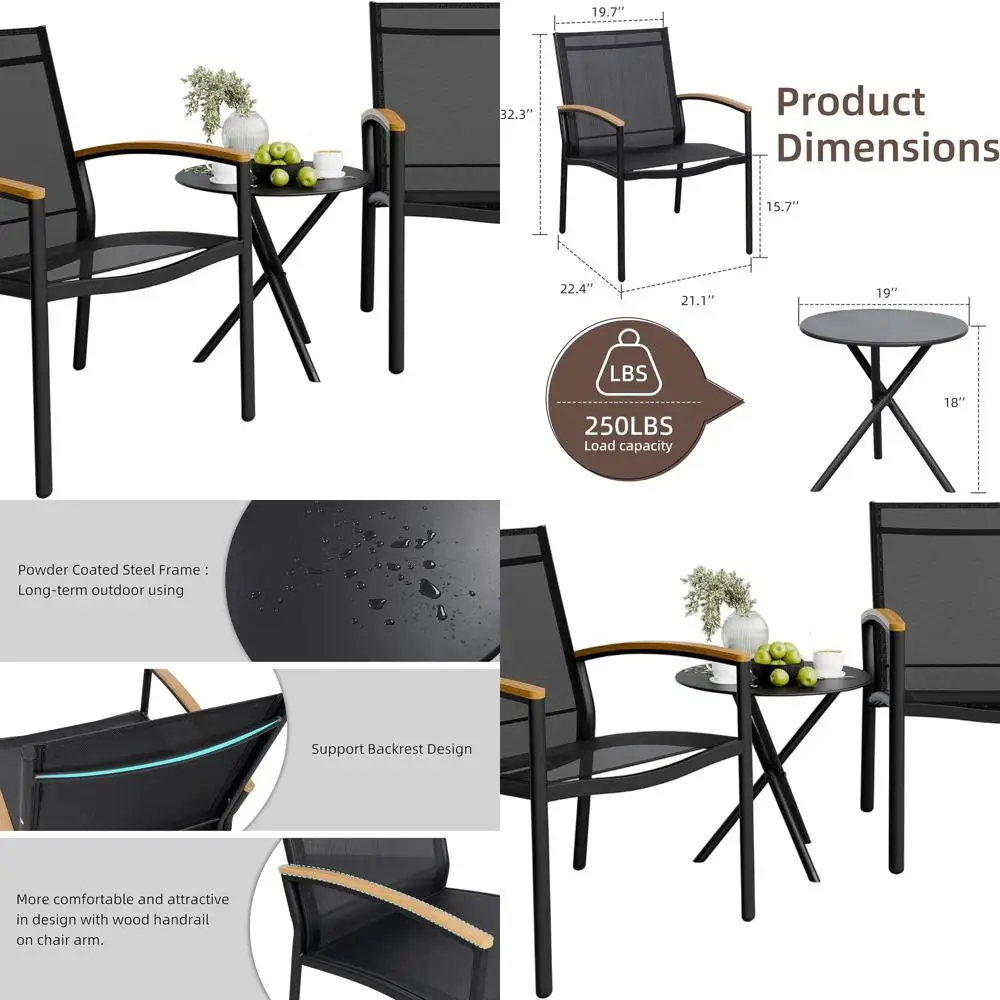 

Compact Outdoor Bistro Set with Textilene Fabric Chairs and Table for Patio, Garden, or Balcony (Black)