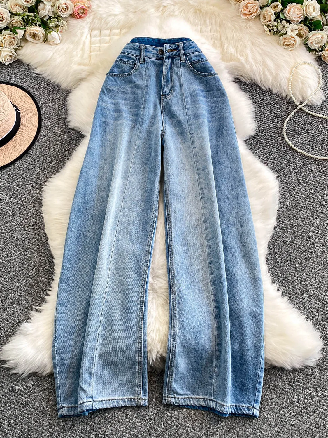 Retro American Waed Blue Jeans Pantaloni a gamba larga Donna Autunno Inverno Casual Allentato Dimagrante Piano-lunghezza Jeans a gamba dritta