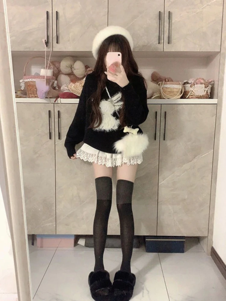 2023 Winter Elegant Sweet 2 Piece Set Korean Fashion Clothing Woman Kawaii Print Knitting Sweater + Casual Lace Y2k Mini Skirt