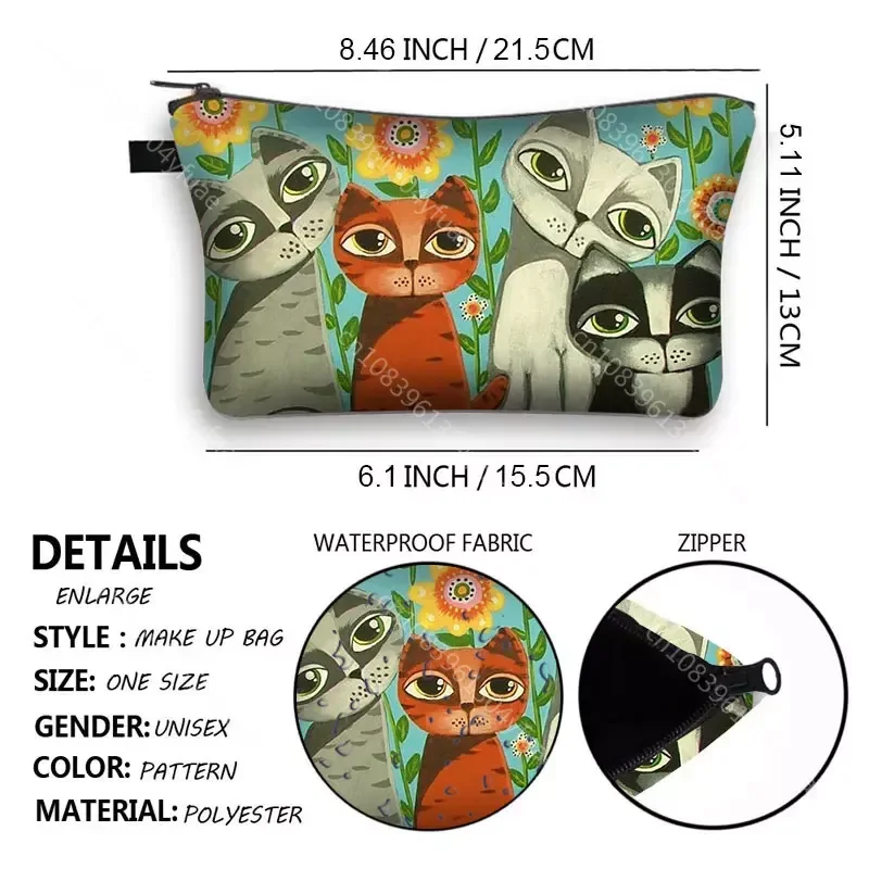 Cute Cat Print Cosmetic Case Women Makeup Bags Cartoon Kitten Cosmetic Bags Girls Storage Bag Funny Cat Cosplay Mona Lisa