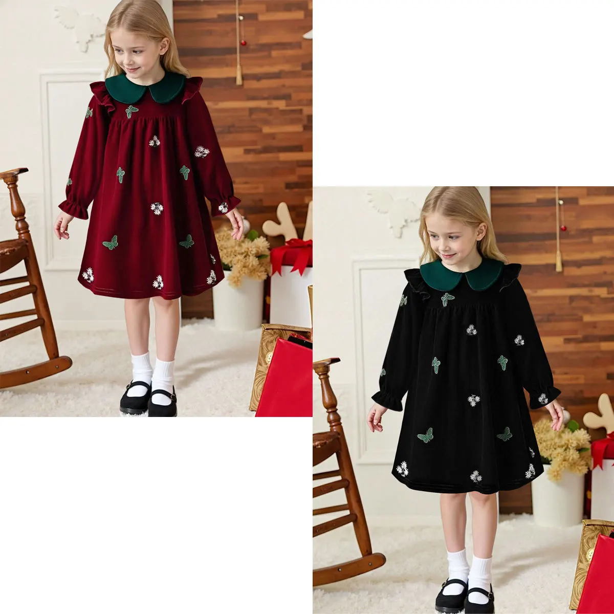 

Бархатное платье для девочек в стиле ретро, свободное платье с цветочной вышивкой бабочки и контрастным зеленым воротником Питера Пэна