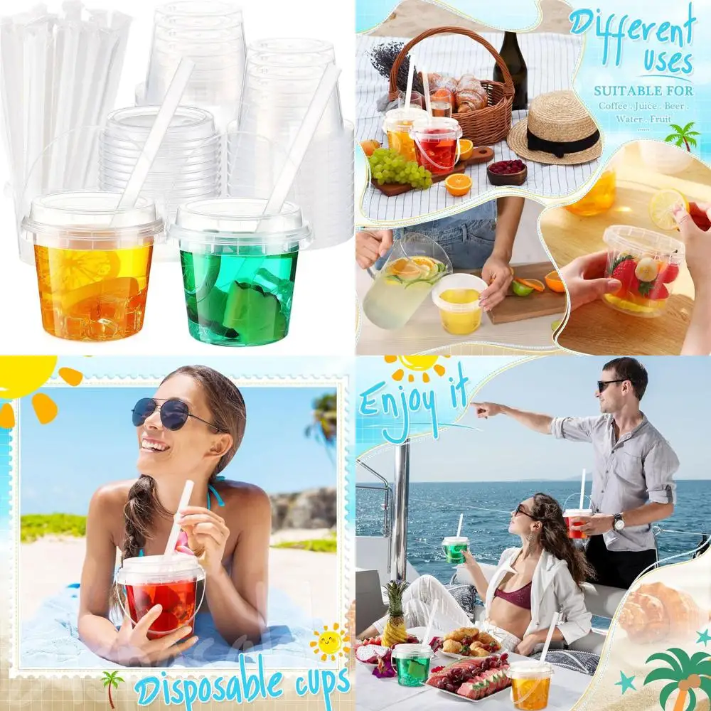 

100 Pack 16 oz Clear Plastic Cups with Lids, Straws, and Handles for Outdoor Parties, Beach, Birthdays, and Pool Gatherings