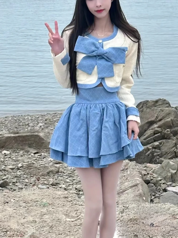 

Blue Japanese Kawaii 2 Piece Sets Women Bow Preppy Style Y2k Mini Skirt Suit Female Korean Style Princess Elegant Clothes 2024