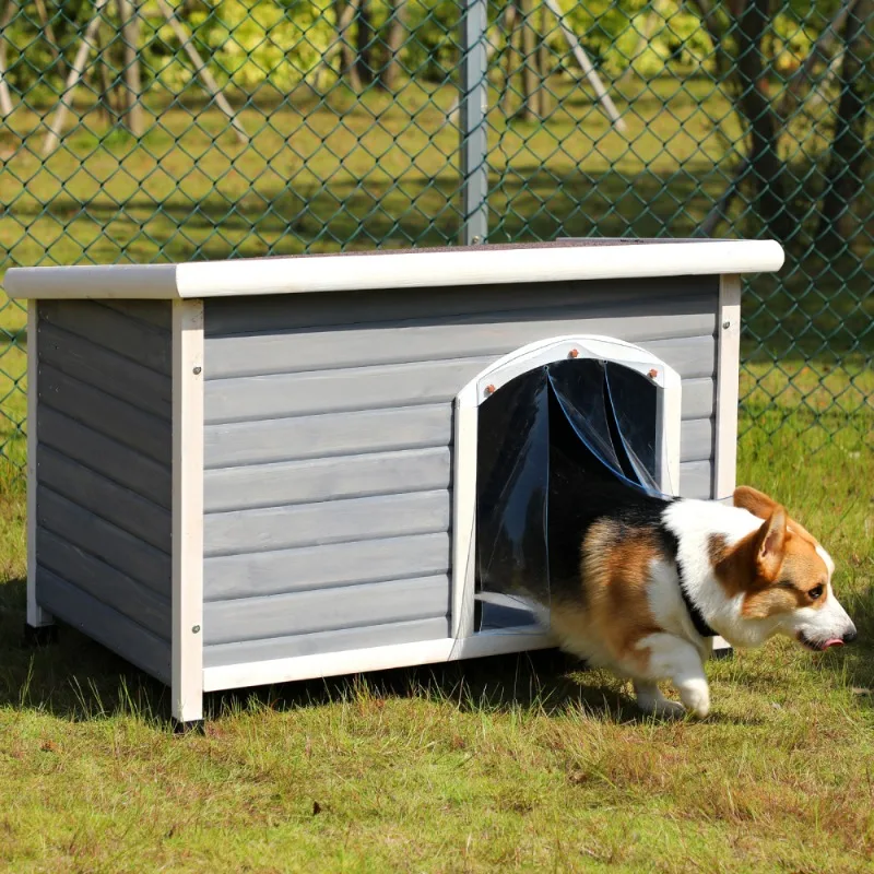 

Medium Wooden Outdoor Dog House Grey Waterproof Roof Elevated Floor Adjustable Plastic Feet Pet Kennel