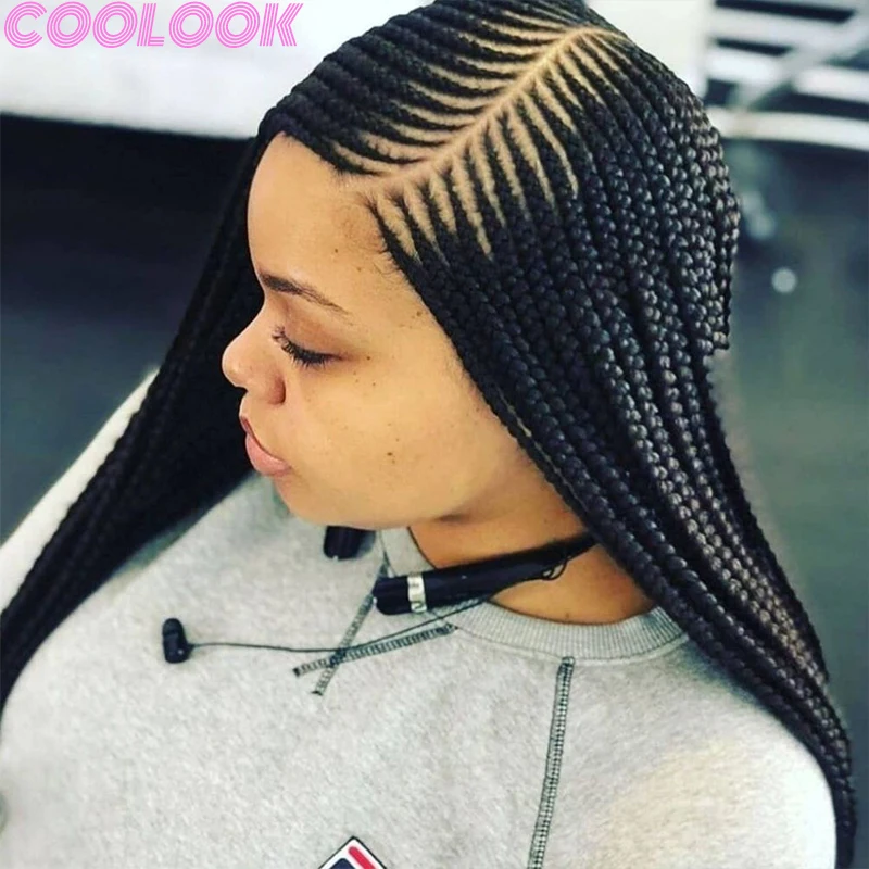 Synthetic Full Lace Braided Wig for African Women Natural Lace Front Braids Wigs with Bang 36 Inch Side Part Braid Knotless Wigs