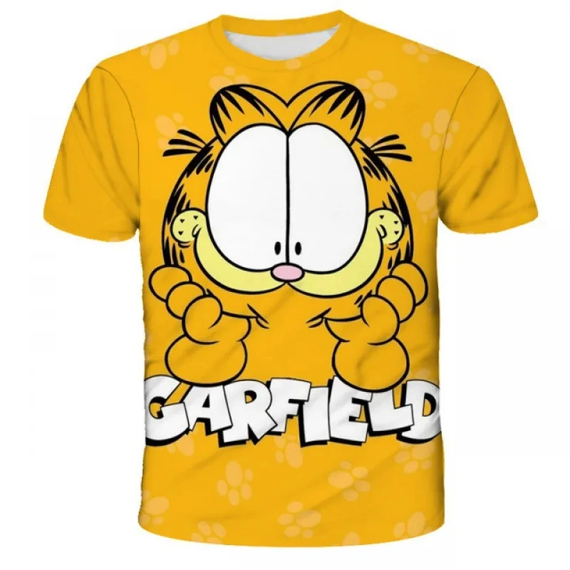 Miniso Summer Kawaii Garfield T-shirt Cartoon Anime Pattern Children's Men's Girls Boys Fashion Short Sleeves 0-14 Year Tops