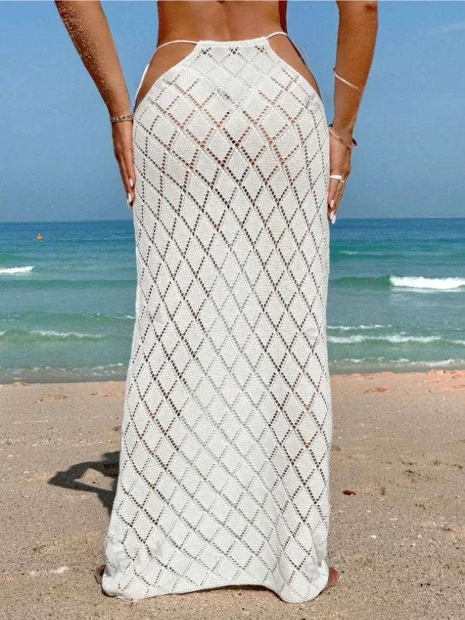 Copricostume per bikini all'uncinetto per donna Gonna sexy in maglia Tunica da spiaggia Abito copricostume solido 2025 Abbigliamento da spiaggia estivo Abbigliamento da donna