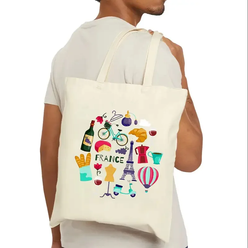Cute France Eiffel Tower Wine Croissant Graphic Canvas Tote Bag Paris Travel Lover Daily Shoulder Handbag Reusable Shopping Bag