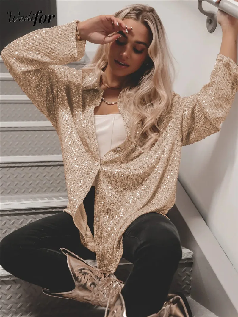 Wedifor Fashion Sequins Women Blouse Shirts Turn-down Collar Long Sleeve Button Casual Tops Elegant Glitter Party Clubwear Shirt